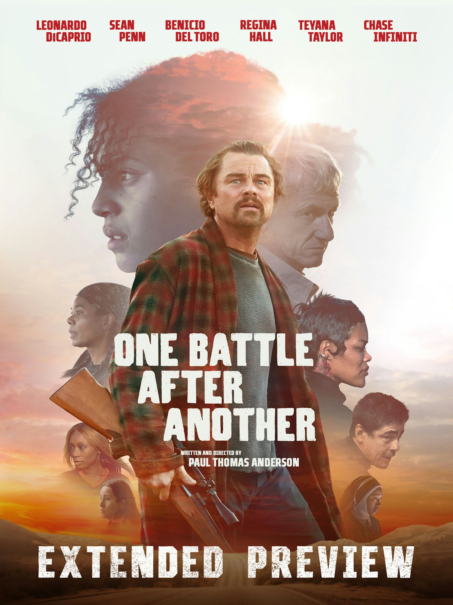 Movie poster for "One Battle After Another," featuring a cast including Leonardo DiCaprio, Sean Penn, and others. Directed by Paul Thomas Anderson.