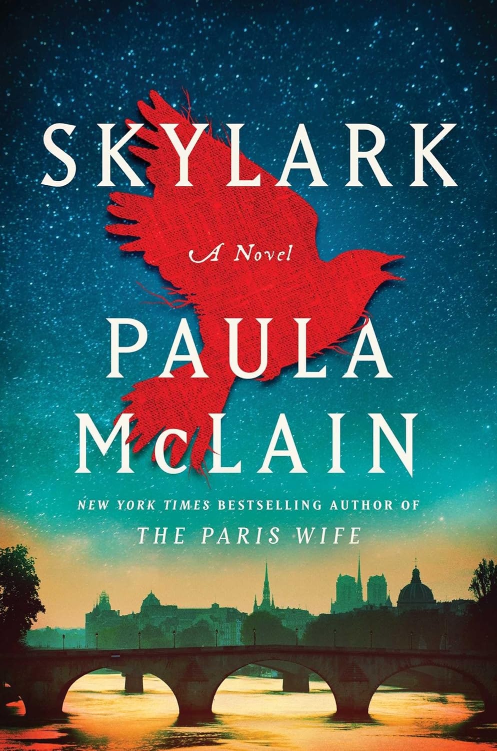 The image features the book cover of "Skylark" by Paula McLain, with a red bird silhouette against a colorful, starry background.