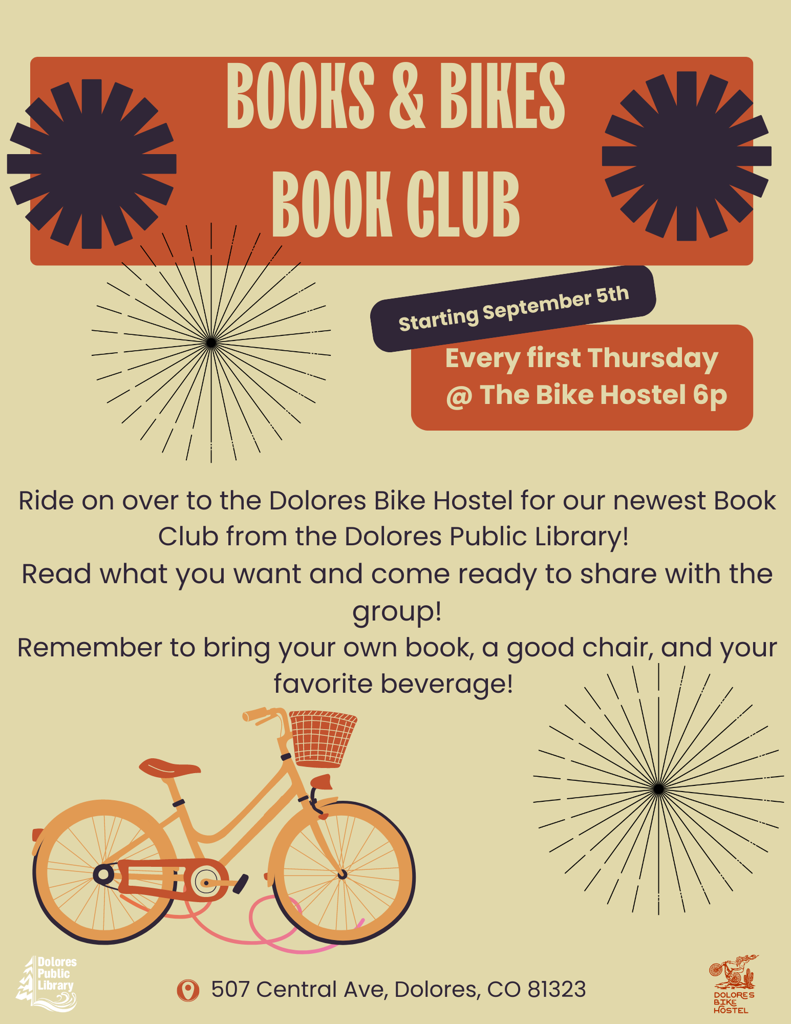 A poster for the "Books & Bikes Book Club" starting September 5th at the Dolores Bike Hostel, with a bicycle image.