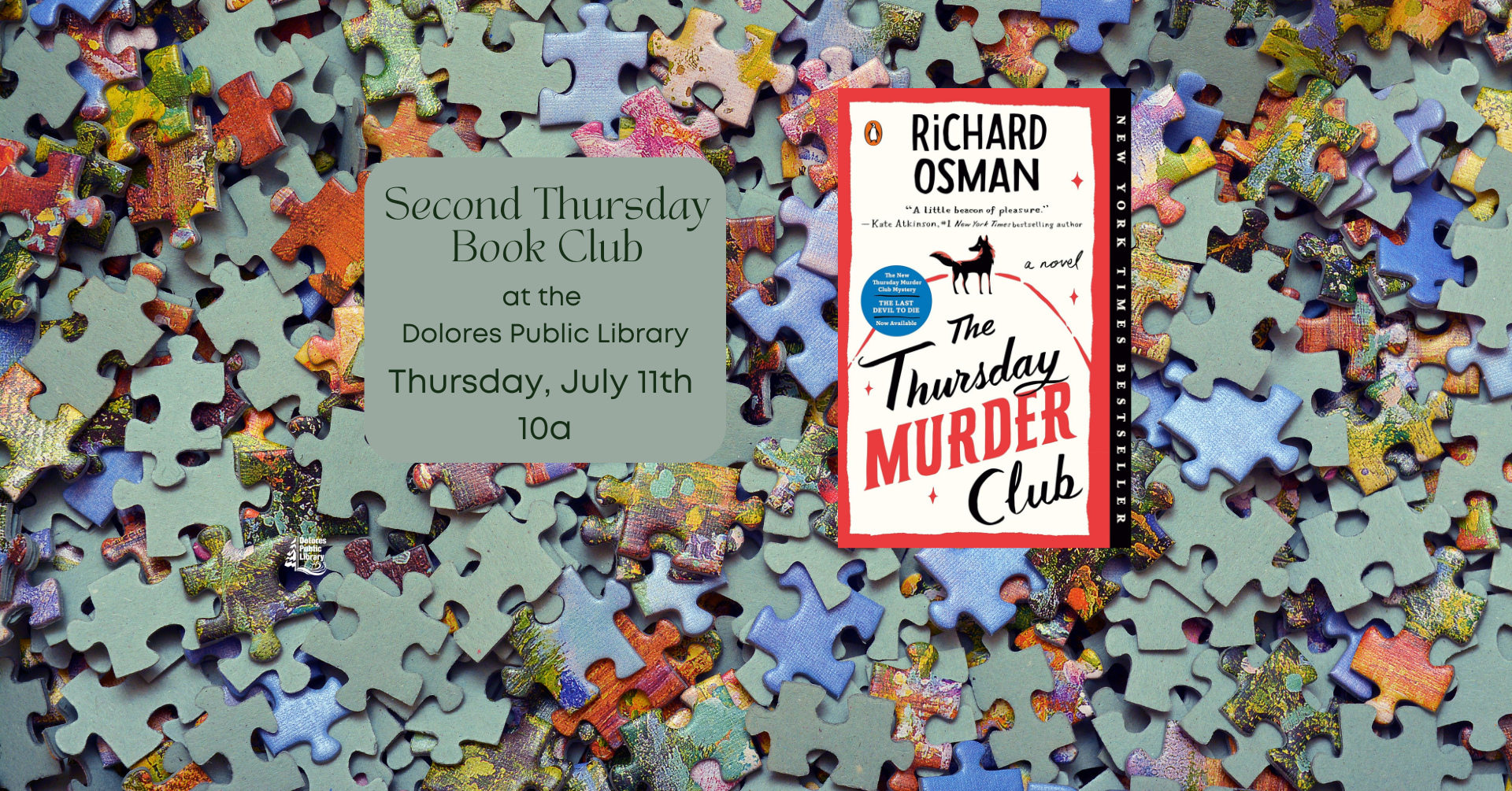 A puzzle-themed background with a book club announcement and "The Thursday Murder Club" book cover.