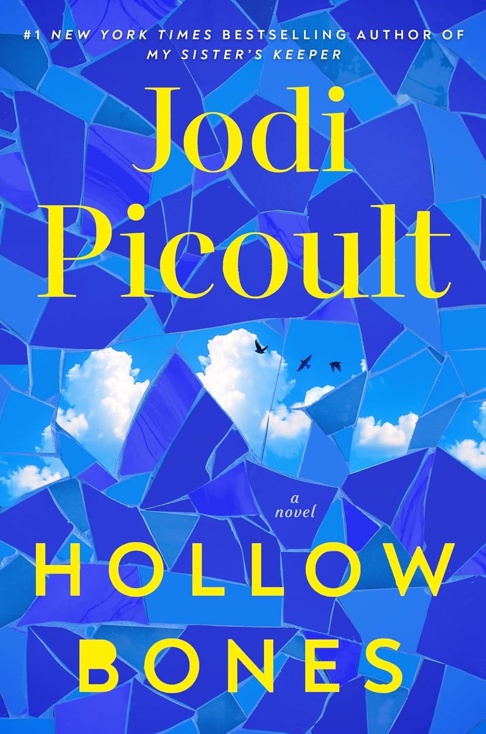 The image features the cover of "Hollow Bones" by Jodi Picoult, with a blue mosaic design and a sky theme.