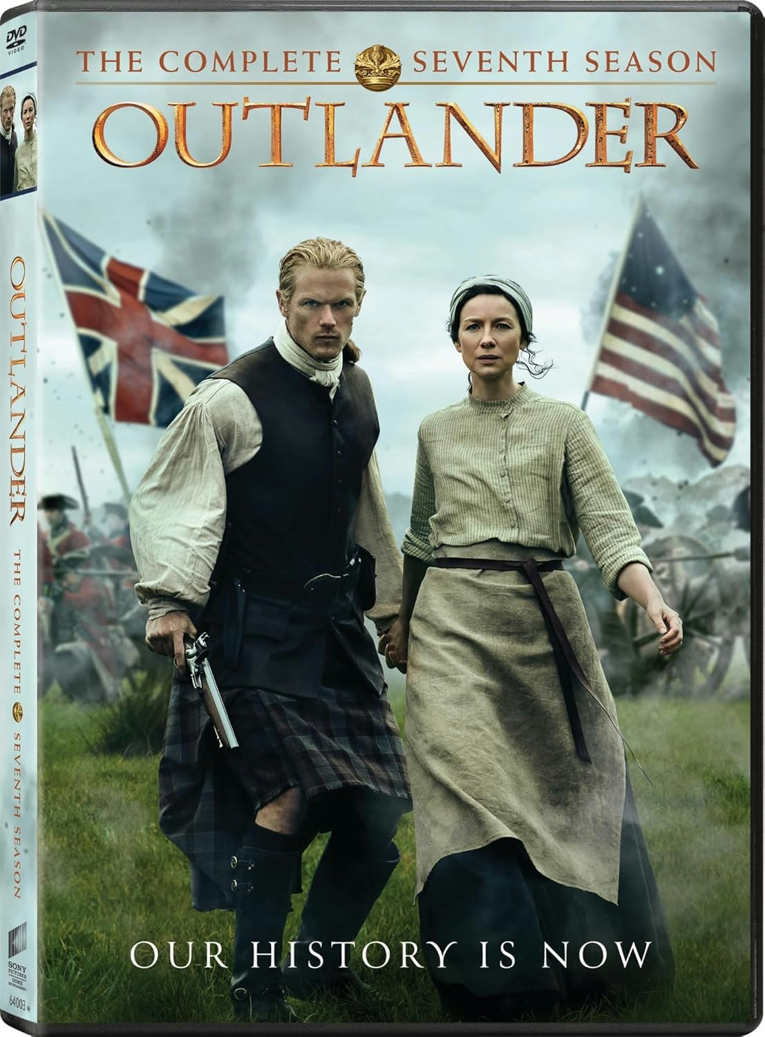 DVD cover of "Outlander: The Complete Seventh Season" featuring two characters with historic flags in the background.