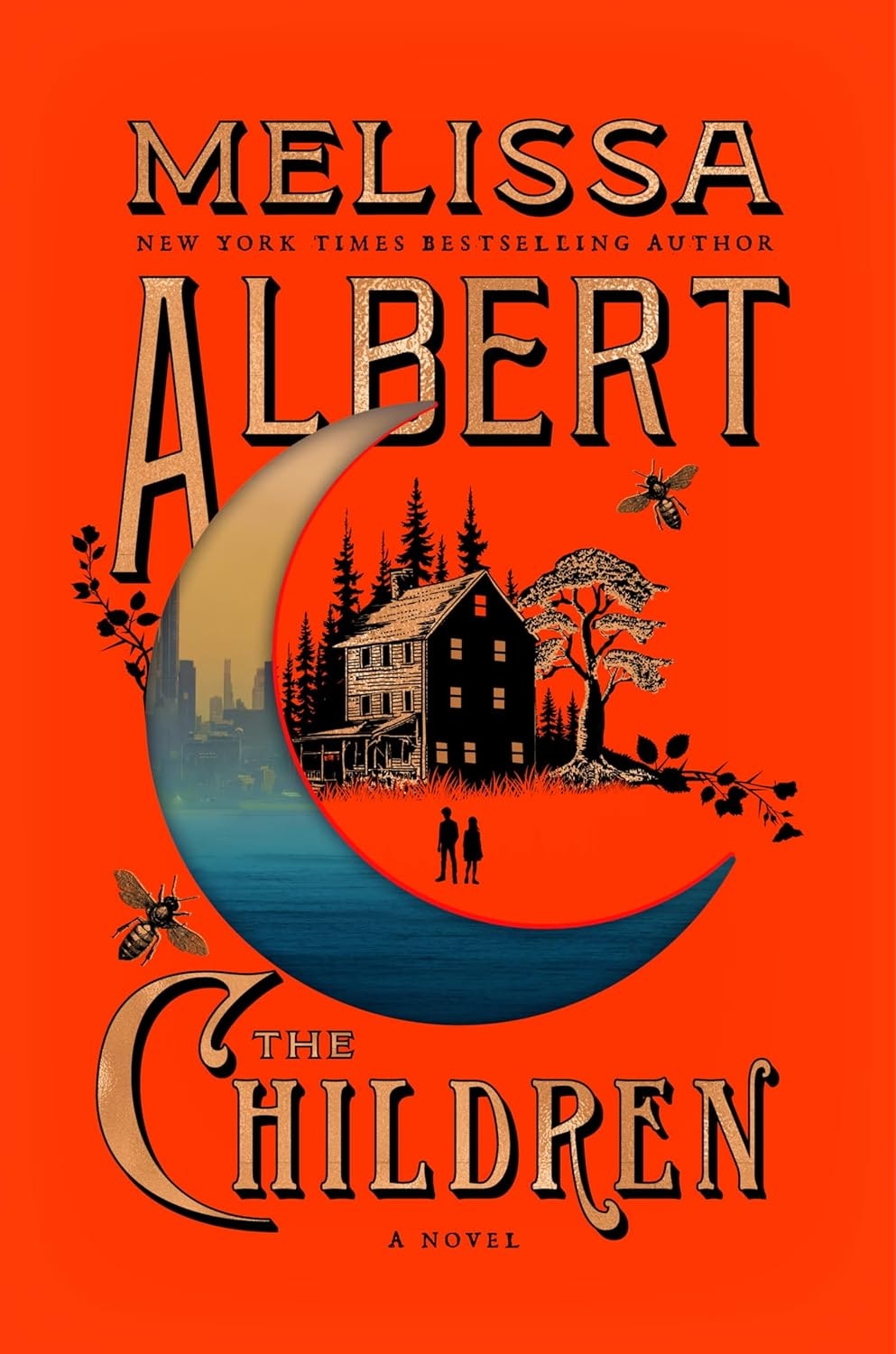 The image is a book cover for "The Children" by Melissa Albert, featuring a striking orange background and a crescent moon design.