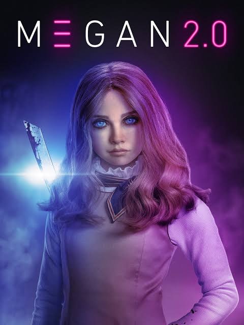 A poster for "Megan 2.0" featuring a lifelike android girl holding a knife, with a purple and blue color scheme.
