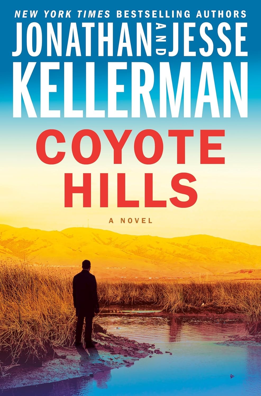 Book cover: "Coyote Hills" by Jonathan and Jesse Kellerman; silhouette of a man, landscape with hills and water.