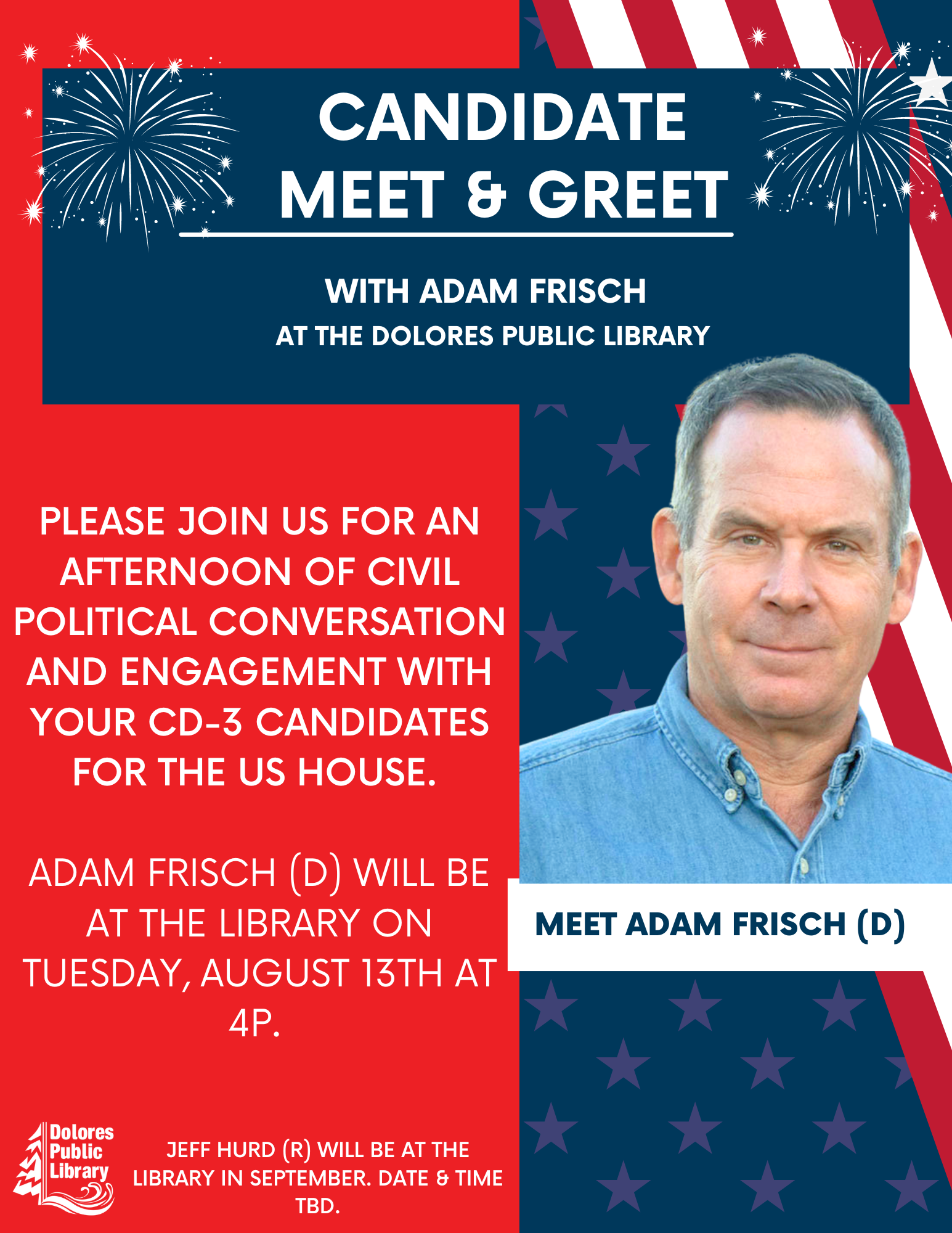 A flyer for a political candidate meet and greet event featuring a man in a blue shirt.
