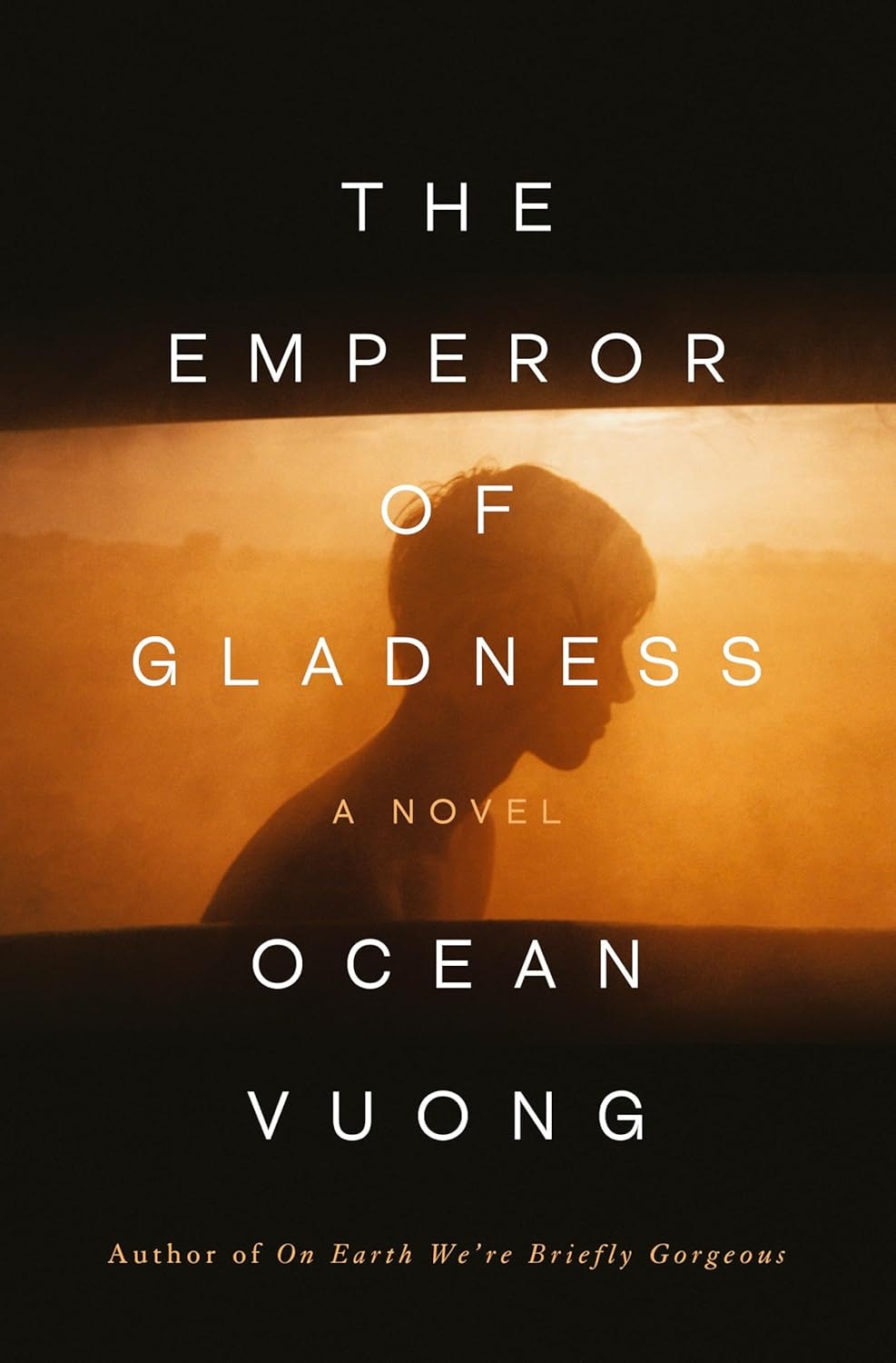 Cover of "The Emperor of Gladness" by Ocean Vuong, featuring a silhouette and warm tones.