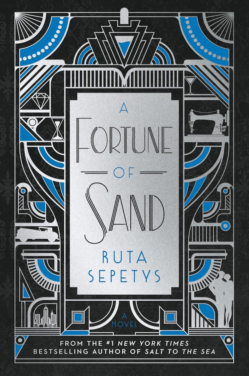 The image features the book cover for "A Fortune of Sand" by Ruta Sepetys, showcasing art deco design elements.