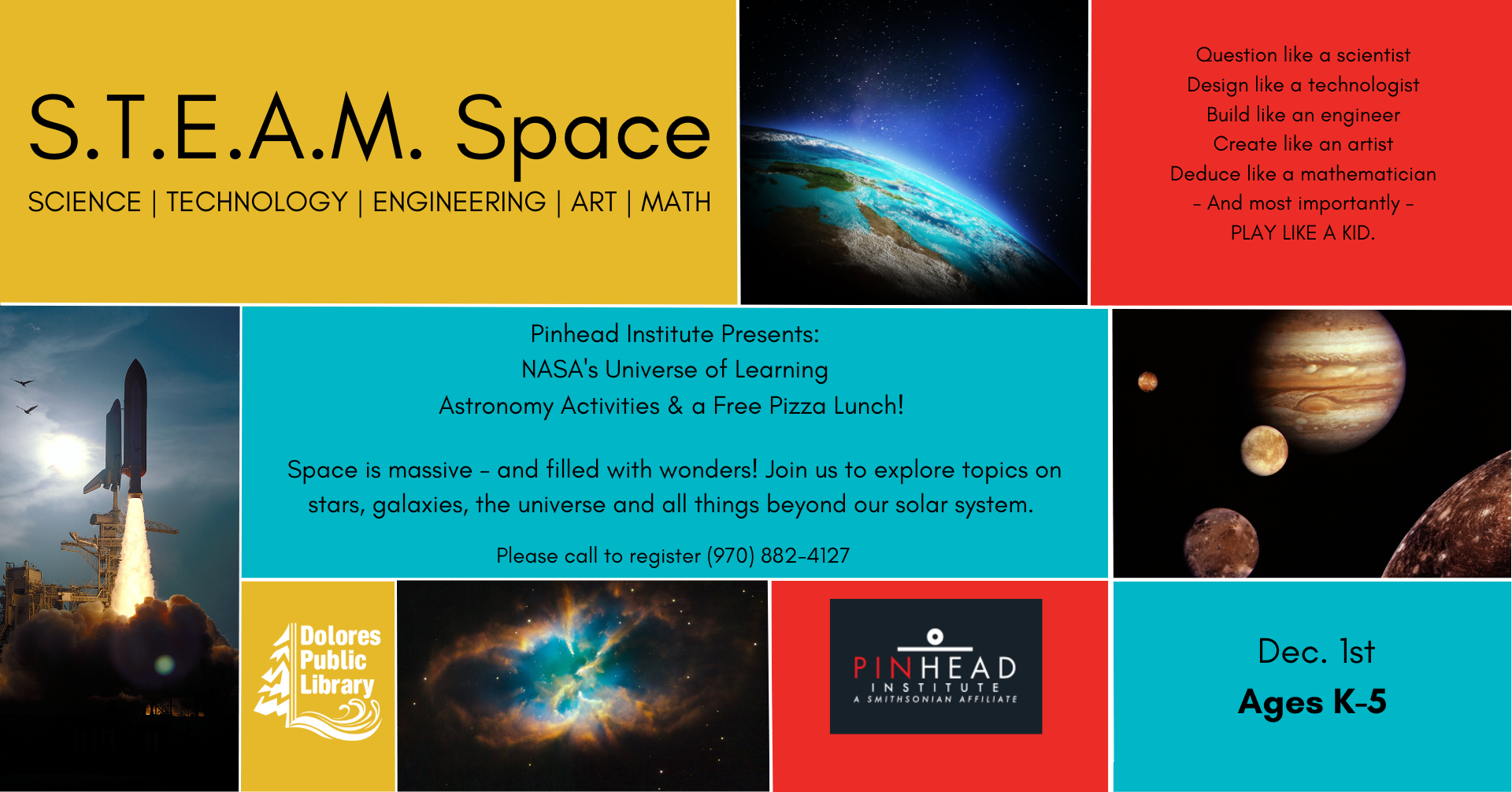 Event for kids (ages K-5) on Dec. 1, featuring NASA learning activities and free pizza at the Dolores Public Library.