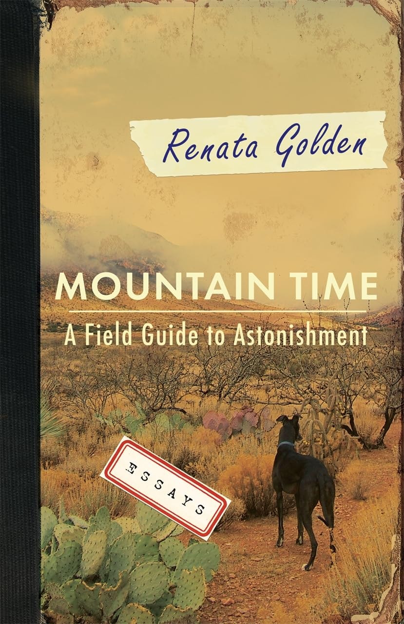 Book cover of "Mountain Time: A Field Guide to Astonishment" by Renata Golden, featuring a desert landscape and a dog.