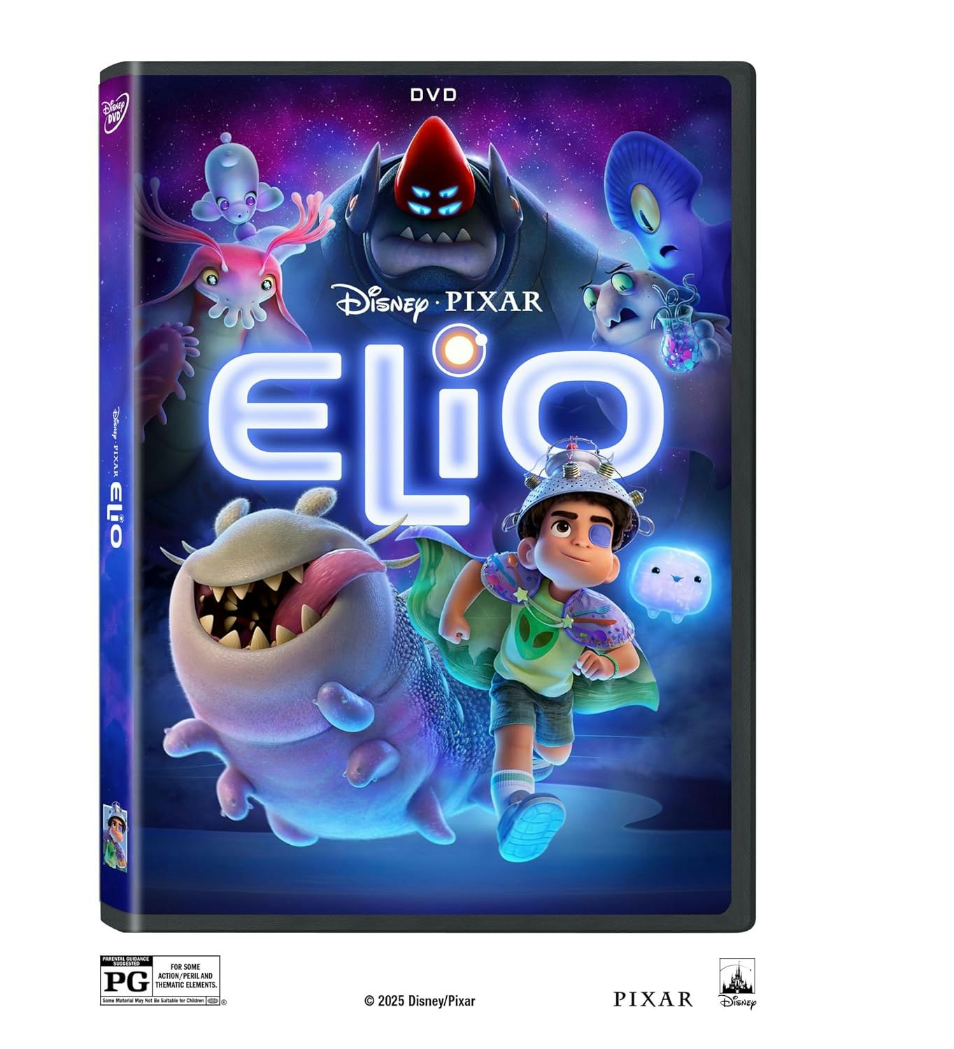 DVD cover of Disney Pixar's "Elio" showing animated characters and the movie title with a sci-fi theme.
