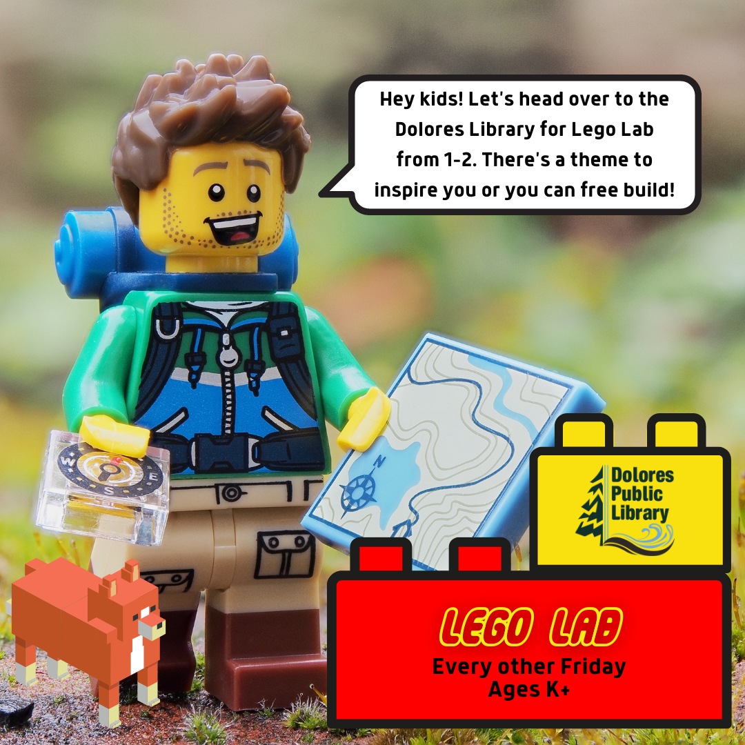 advertisement for Lego Lab, this is a photograph of a mini figure with curly brown hair and a five o clock shadow, they have a green shirt and a blue vest and backpack on, they are holding a map and compass, there is a Lego fox on the left and two Legos in red and yellow on their right, the Dolores Public library logo is in the yellow Lego, the Lego mini figure has a thought bubble above their head describing the purpose of Lego Lab.