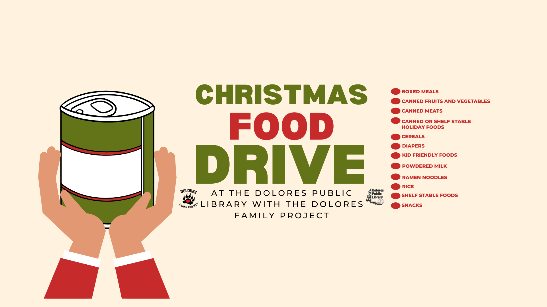 A poster for a Christmas Food Drive with a list of donation items and a graphic of hands holding a canned good.