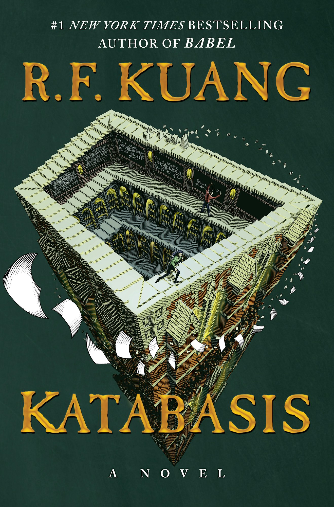 Book cover for "Katabasis" by R.F. Kuang, features an M.C. Escher-style staircase with two people and flying papers.
