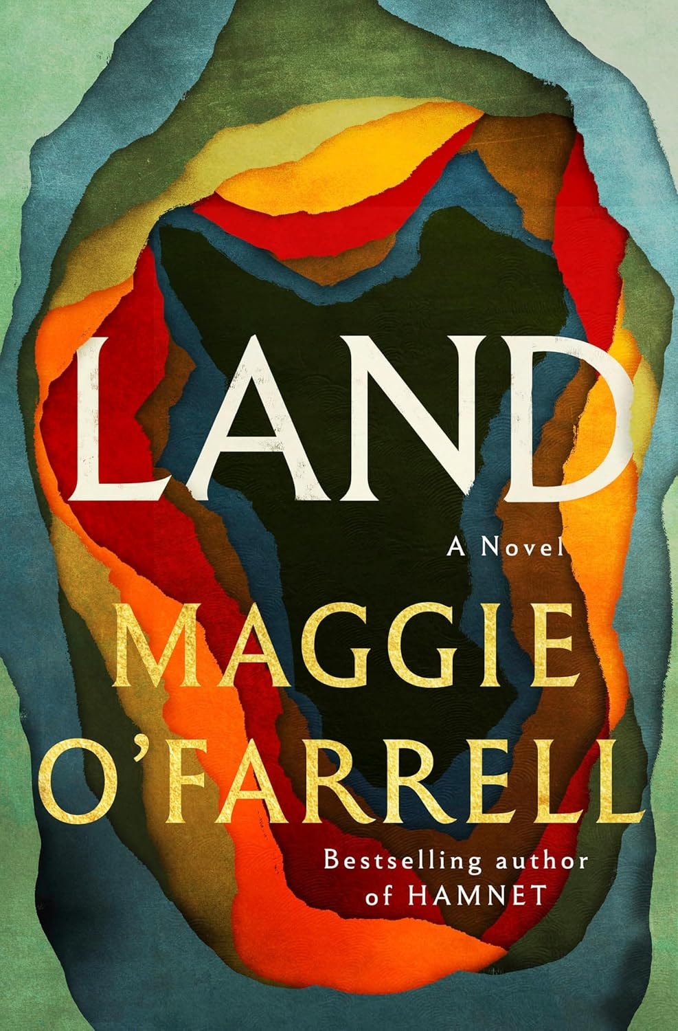 The image features the book cover of "Land" by Maggie O'Farrell, highlighting vibrant colors and bold typography.