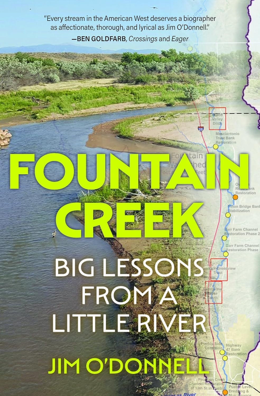 Book cover for "Fountain Creek: Big Lessons from a Little River" by Jim O'Donnell, with a river image and a map overlay.