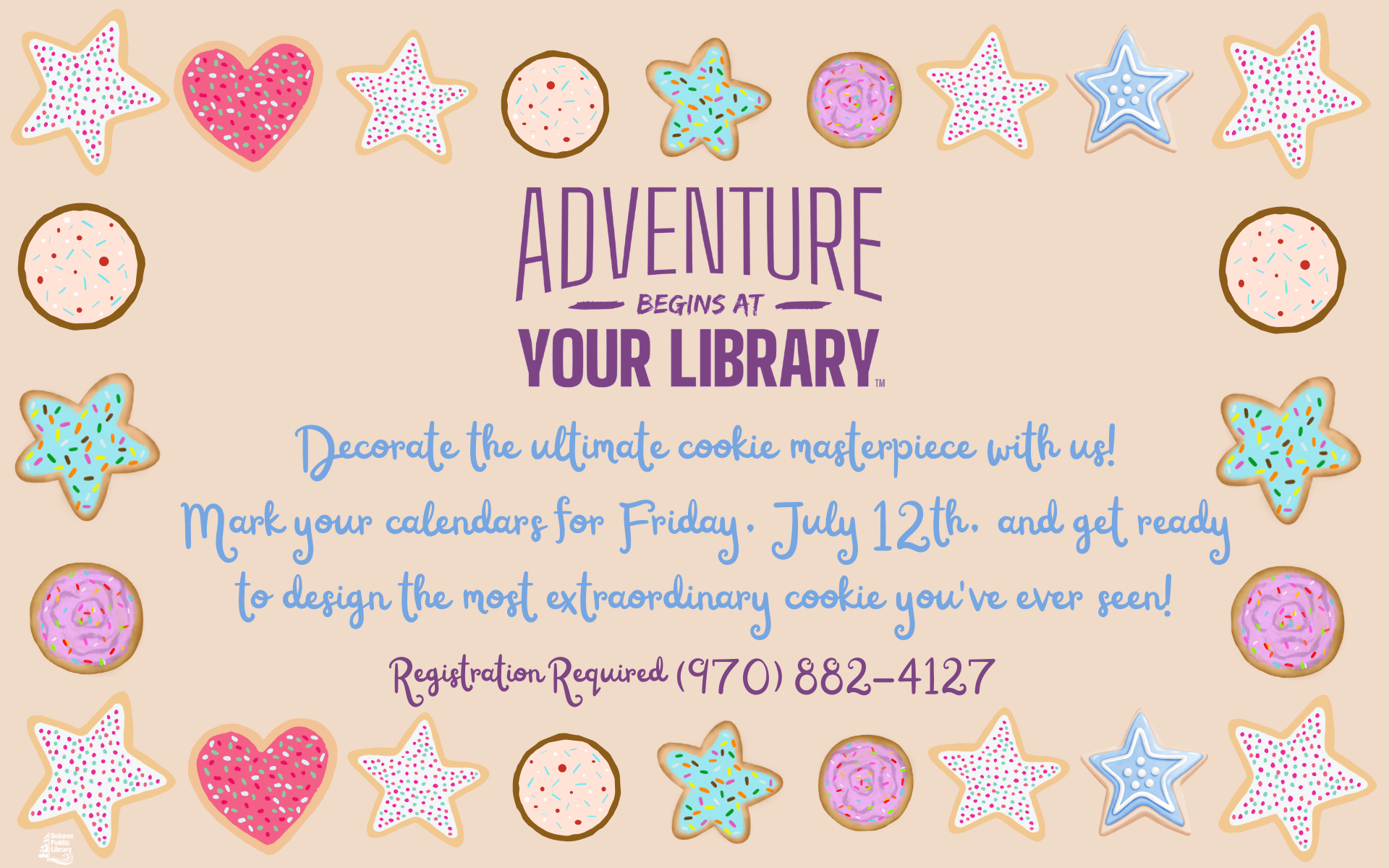It's a colorful event flyer for a cookie decoration activity at a library, with illustrations of cookies and stars.