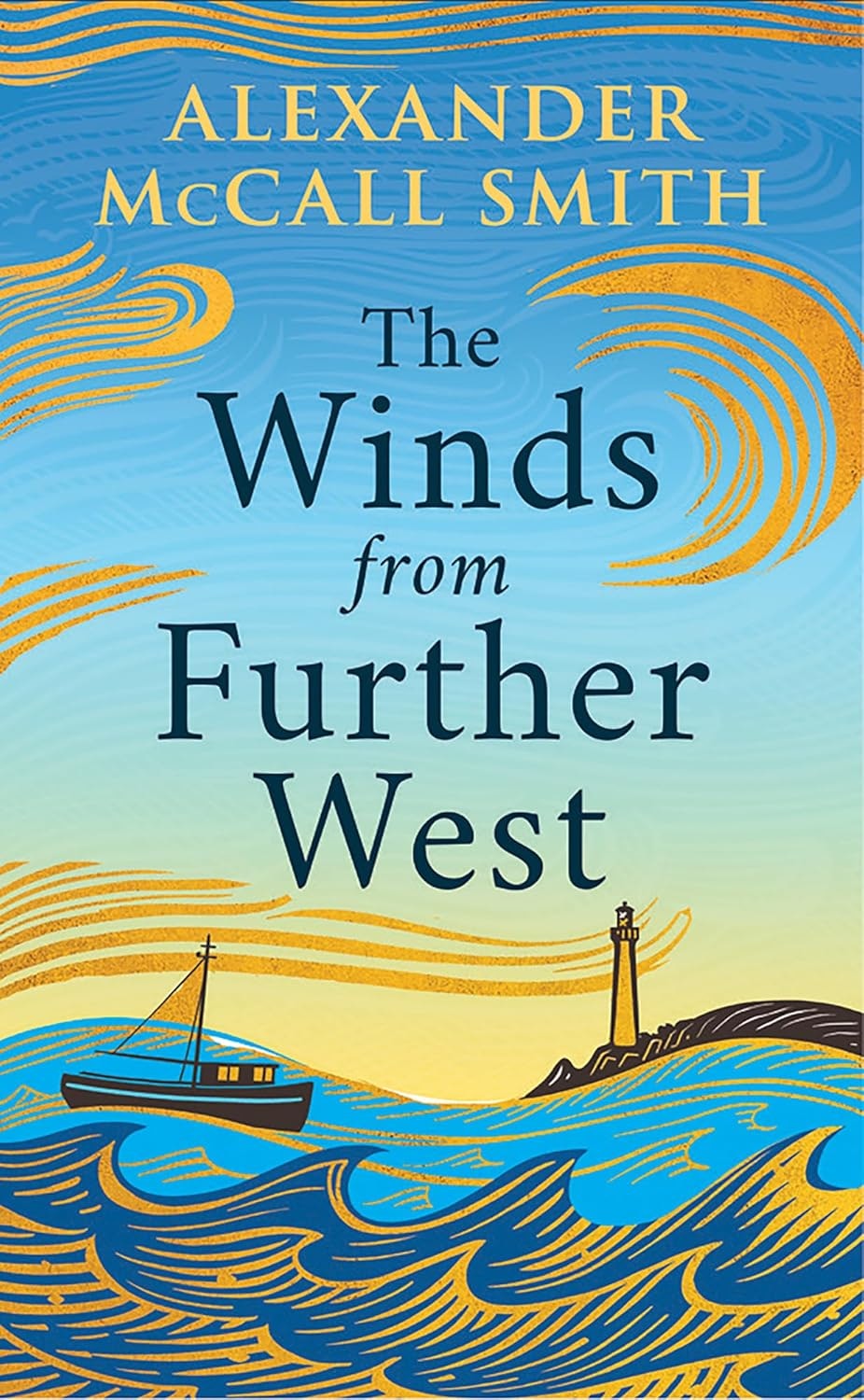 "The Winds from Further West" by Alexander McCall Smith; illustration of a boat, lighthouse, and waves.