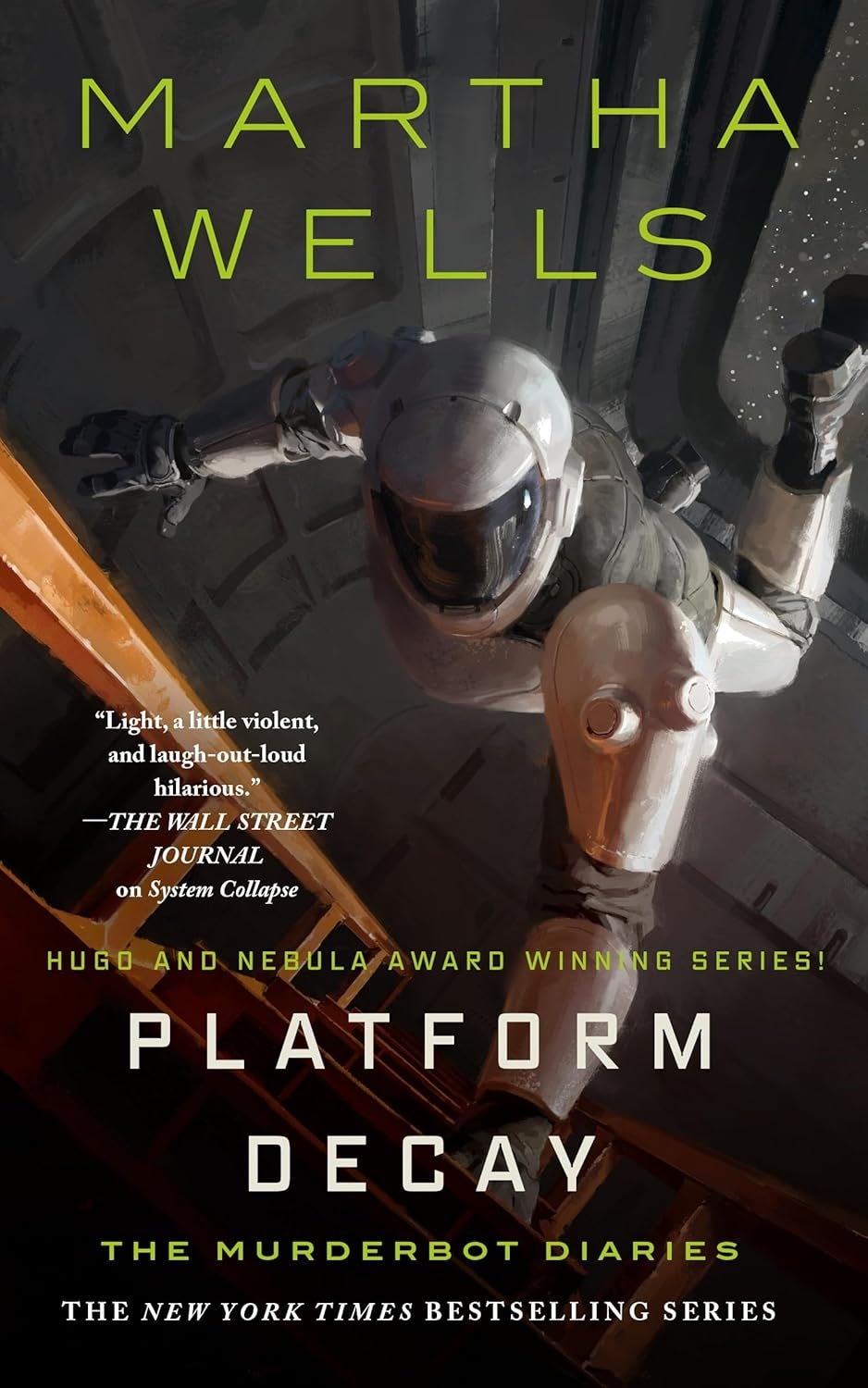 The image features the book cover of "Platform Decay" by Martha Wells, part of The Murderbot Diaries series.