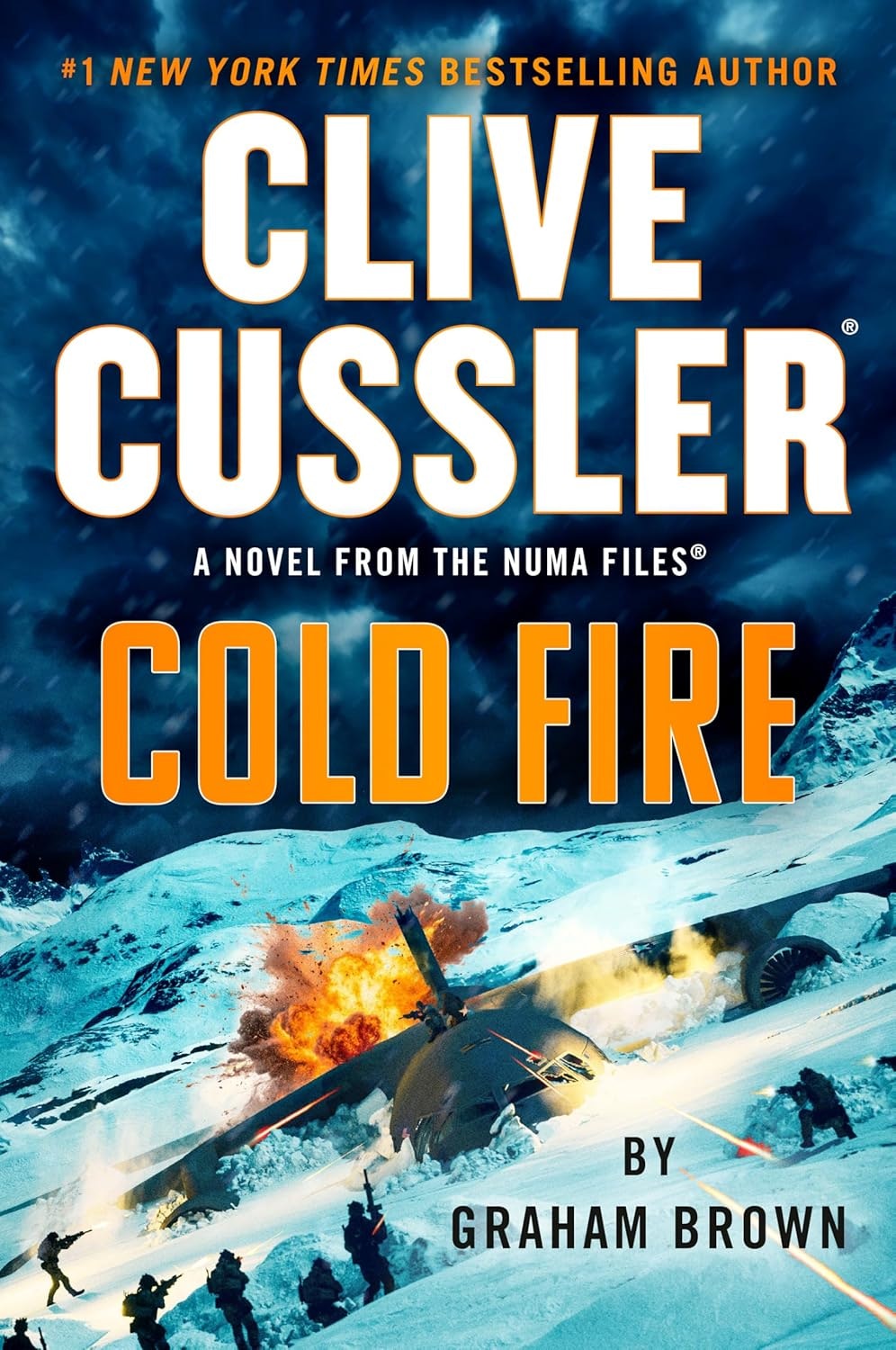 The image features the book cover for "Cold Fire" by Clive Cussler, depicting an action scene in a snowy landscape.