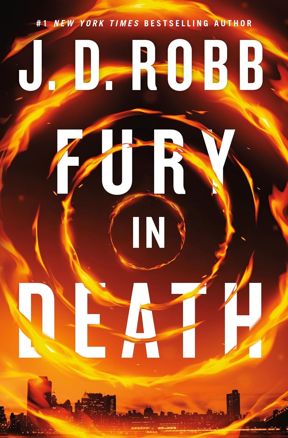 The image features the book cover of "Fury in Death" by J.D. Robb, showcasing a fiery design with the title prominently displayed.