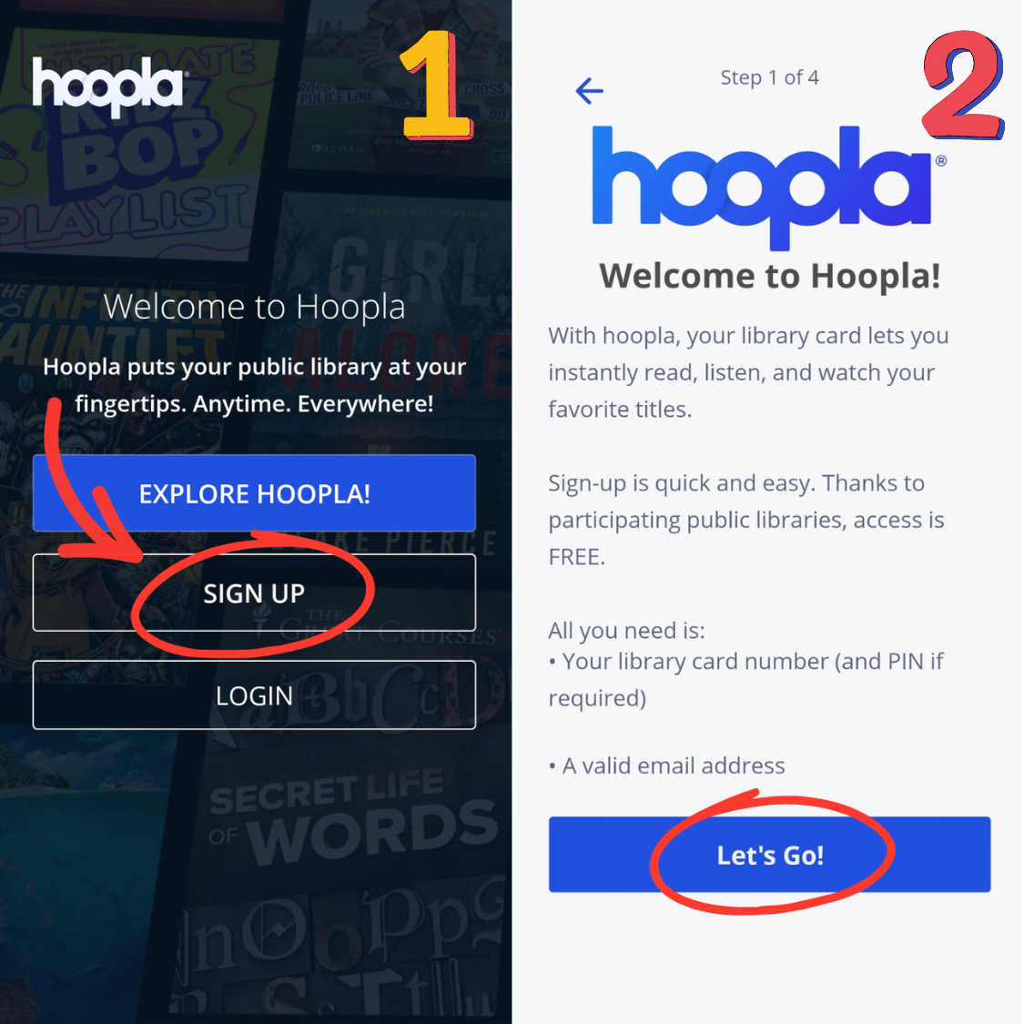 The images show the sign-up process for Hoopla, a service for accessing library content digitally. Instructions on signing up are provided.
