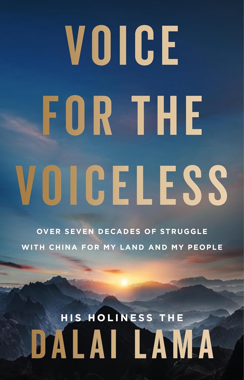 Book cover titled "Voice for the Voiceless" by Dalai Lama, about the struggle with China over Tibet. Stunning mountain landscape background.