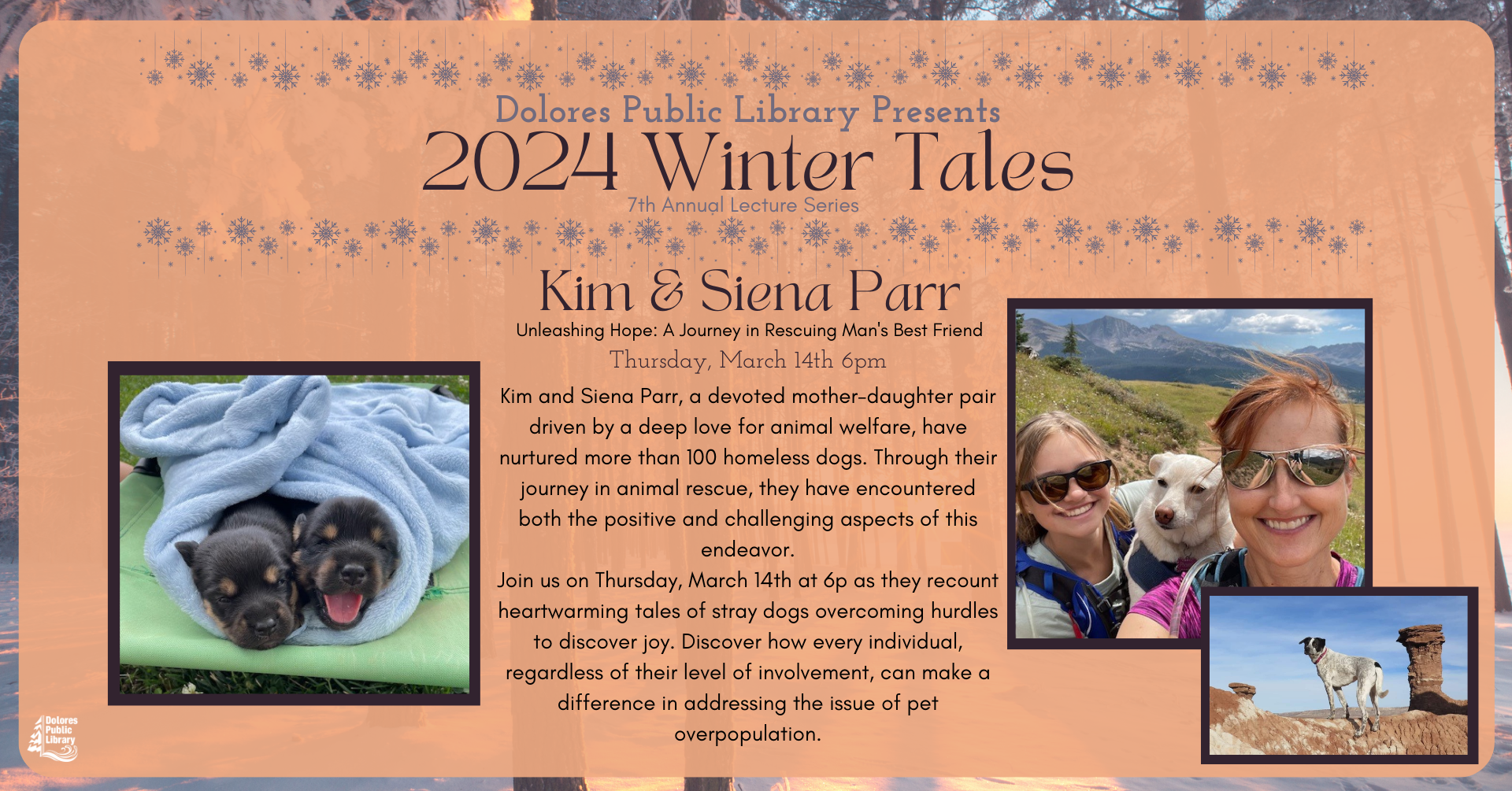 A flyer for a library event featuring two speakers, adorable puppies, and heartwarming rescue tales.