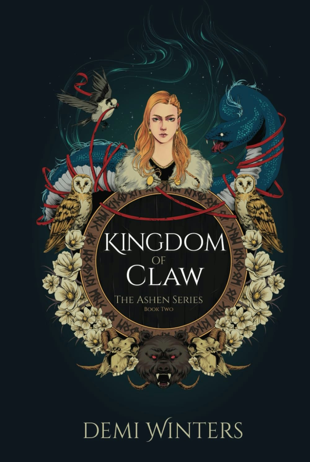 The image features the book cover for "Kingdom of Claw," the second book in the Ashen Series by Demi Winters, with intricate artwork.