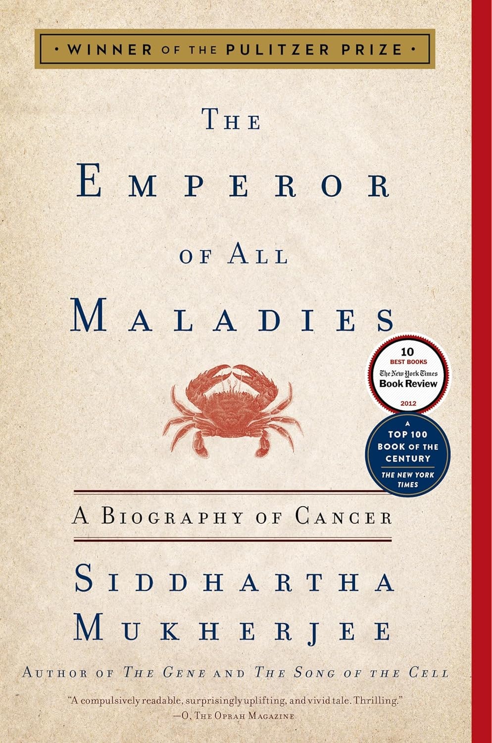 The image features the book "The Emperor of All Maladies" by Siddhartha Mukherjee, exploring the history and impact of cancer.