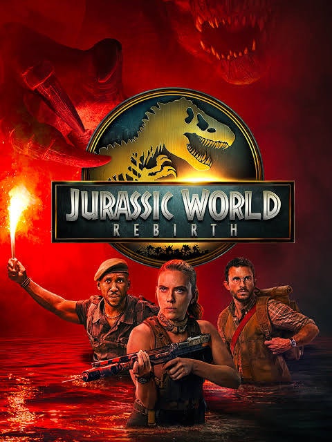 Three people with weapons and a flare stand in water under the "Jurassic World Rebirth" logo with a dinosaur silhouette.