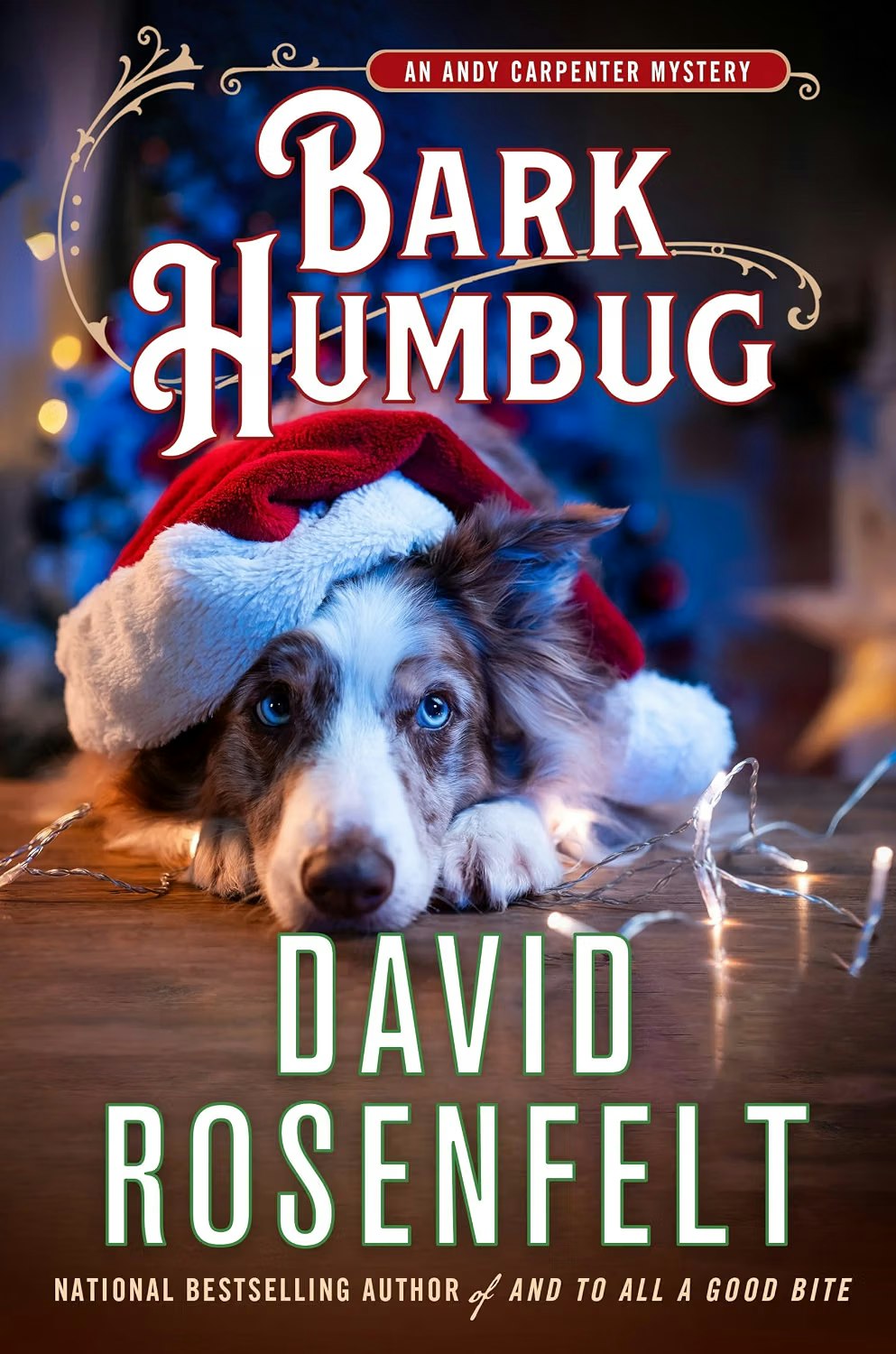 The image features the book "Bark Humbug," a mystery by David Rosenfelt, with a dog in a Santa hat as the cover art.