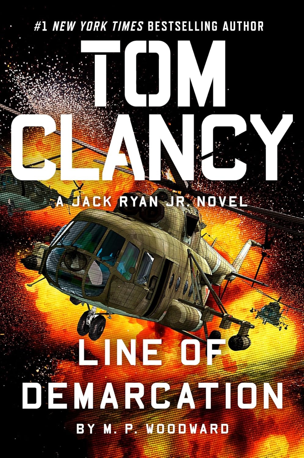 Helicopters amidst explosions on a book cover for "Line of Demarcation" by M.P. Woodward.