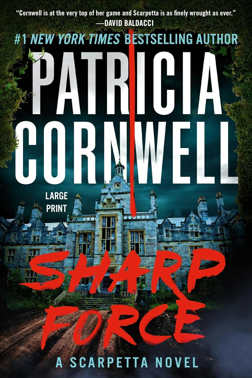 Book cover of "Sharp Force" by Patricia Cornwell, featuring a mansion, title in red, and author's name in large font.