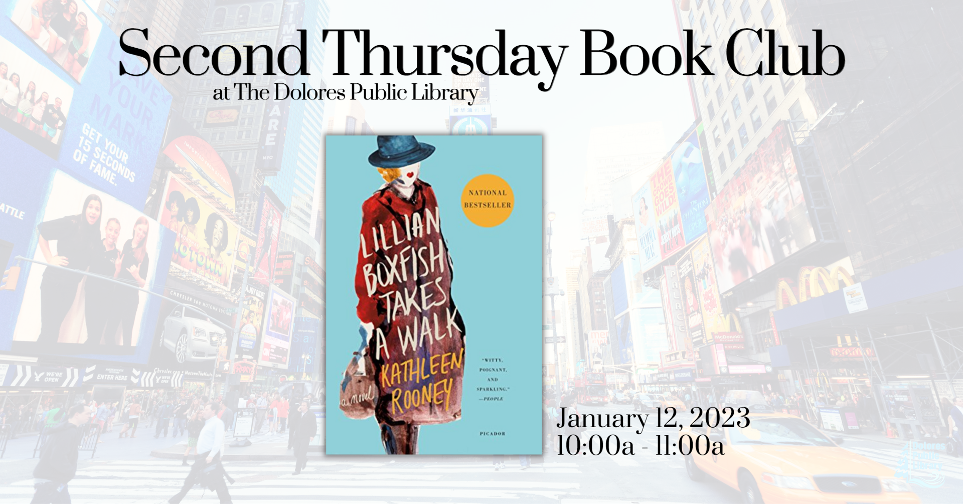 A flyer for the Second Thursday Book Club at the Dolores Public Library on January 12, 2023, featuring "Lillian Boxfish Takes a Walk."