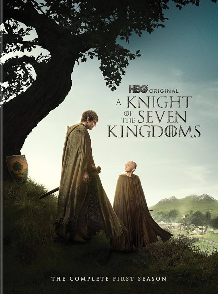 The image is a promotional poster for HBO's "A Knight of the Seven Kingdoms," featuring two characters in a scenic landscape.