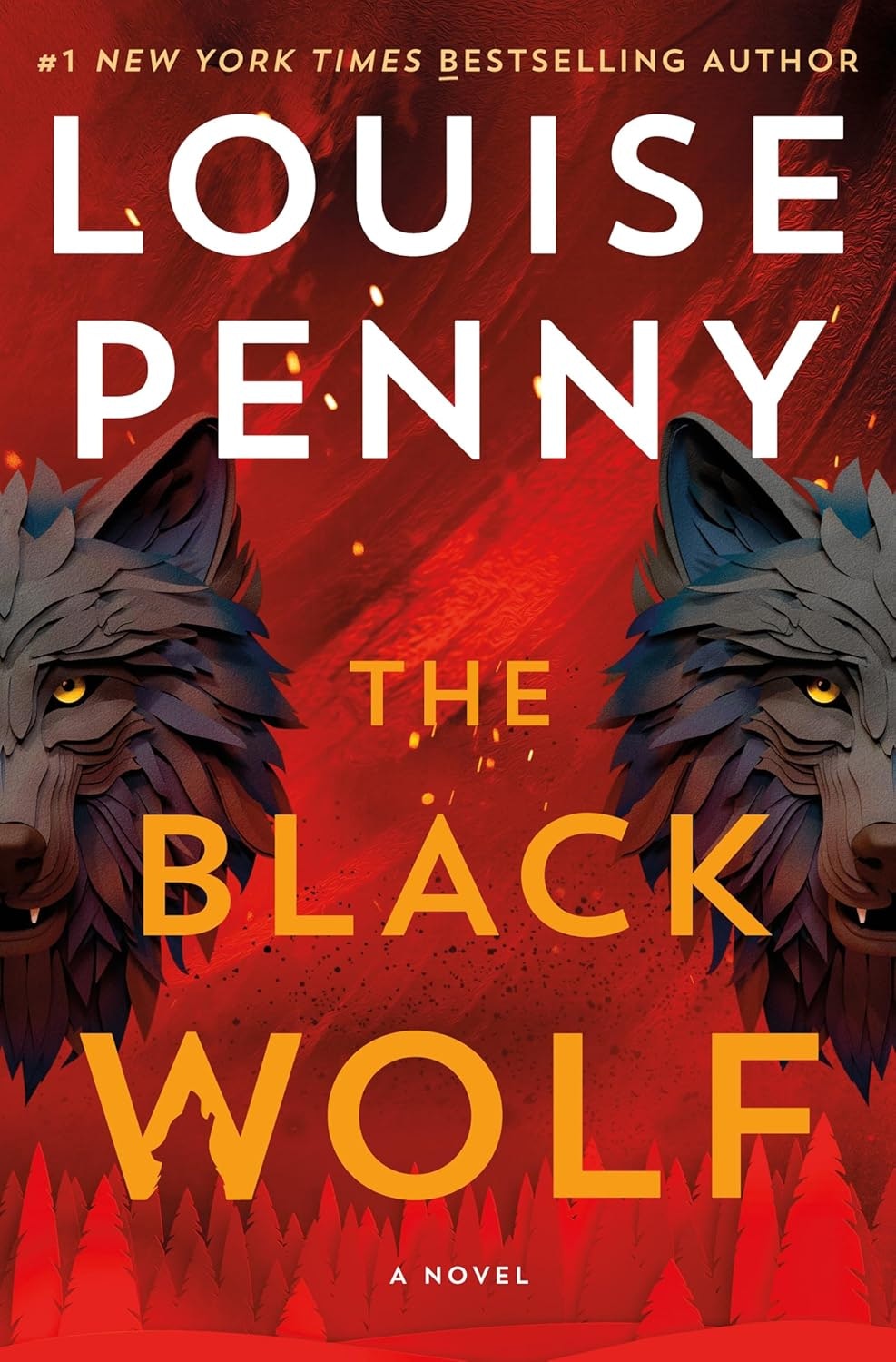 Book cover: "The Black Wolf" by Louise Penny. Features two wolves against a red background with fiery accents.