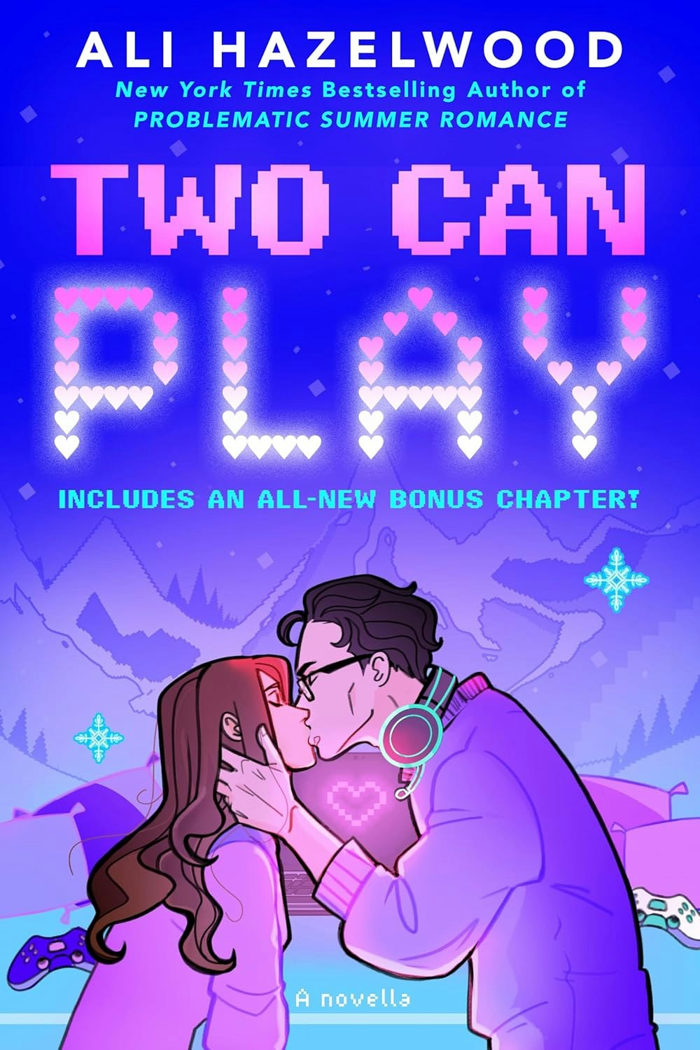 The image features the cover of the novella "Two Can Play" by Ali Hazelwood, depicting a romantic scene with gaming elements.