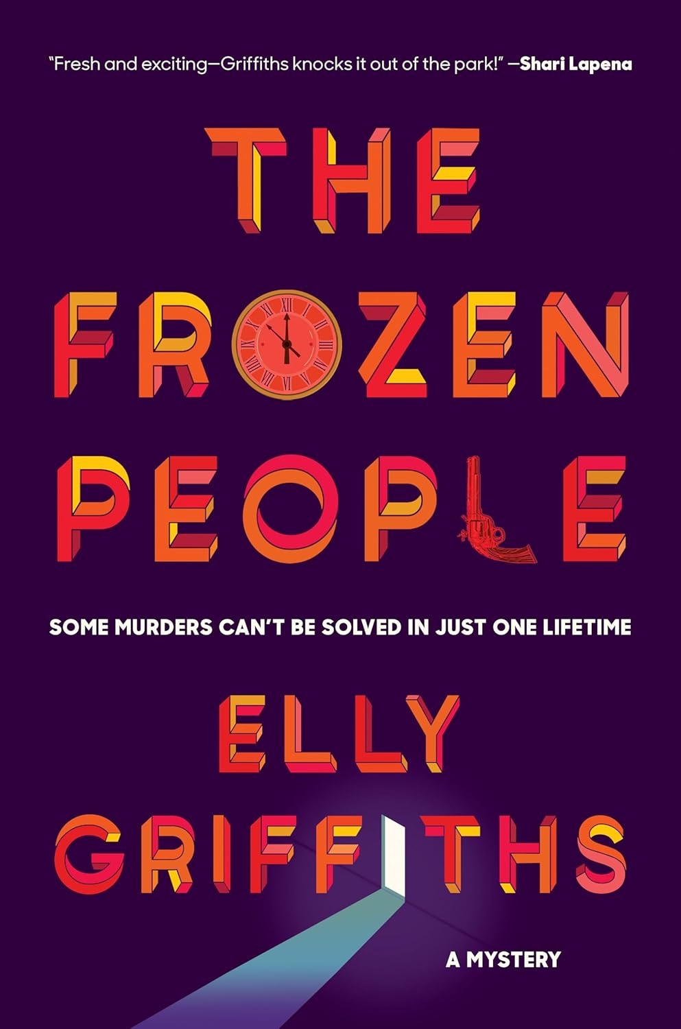 Book cover: "The Frozen People" by Elly Griffiths; mystery theme, with clock and gun imagery.