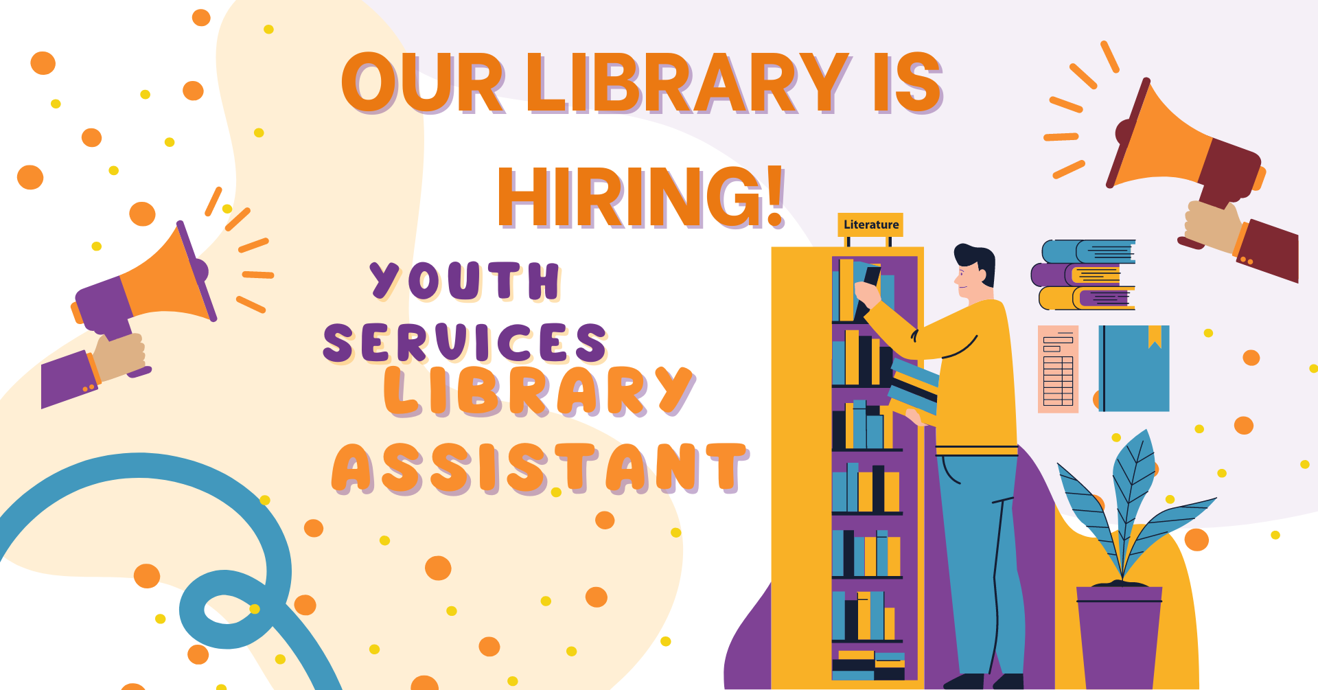 Colorful job advertisement for a "Youth Services Library Assistant" with graphics of megaphones, books, and a person by shelves.