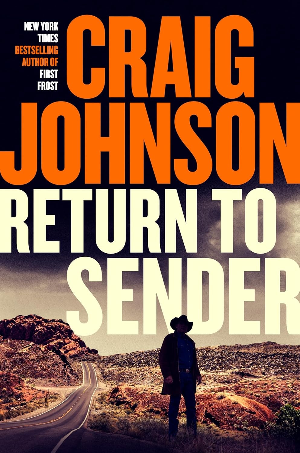 Book cover: "Return to Sender" by Craig Johnson. Cowboy silhouette on a desert road backdrop.