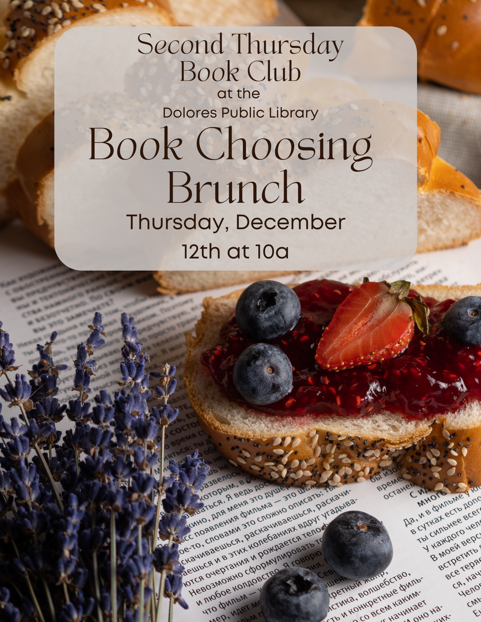 Flyer for "Book Choosing Brunch" event with food and lavender on a book.