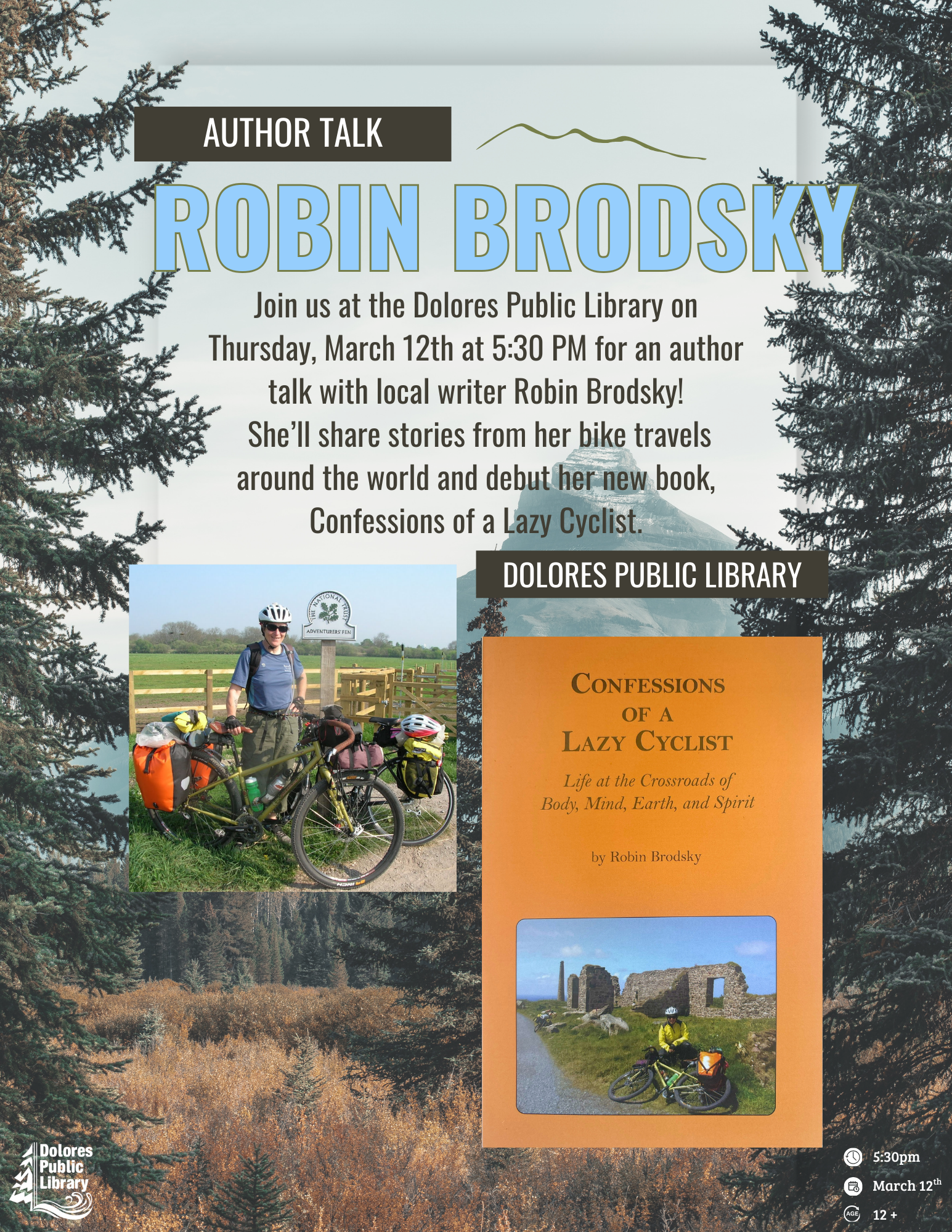 Join Robin Brodsky at Dolores Public Library on March 12 for an author talk about her book "Confessions of a Lazy Cyclist."