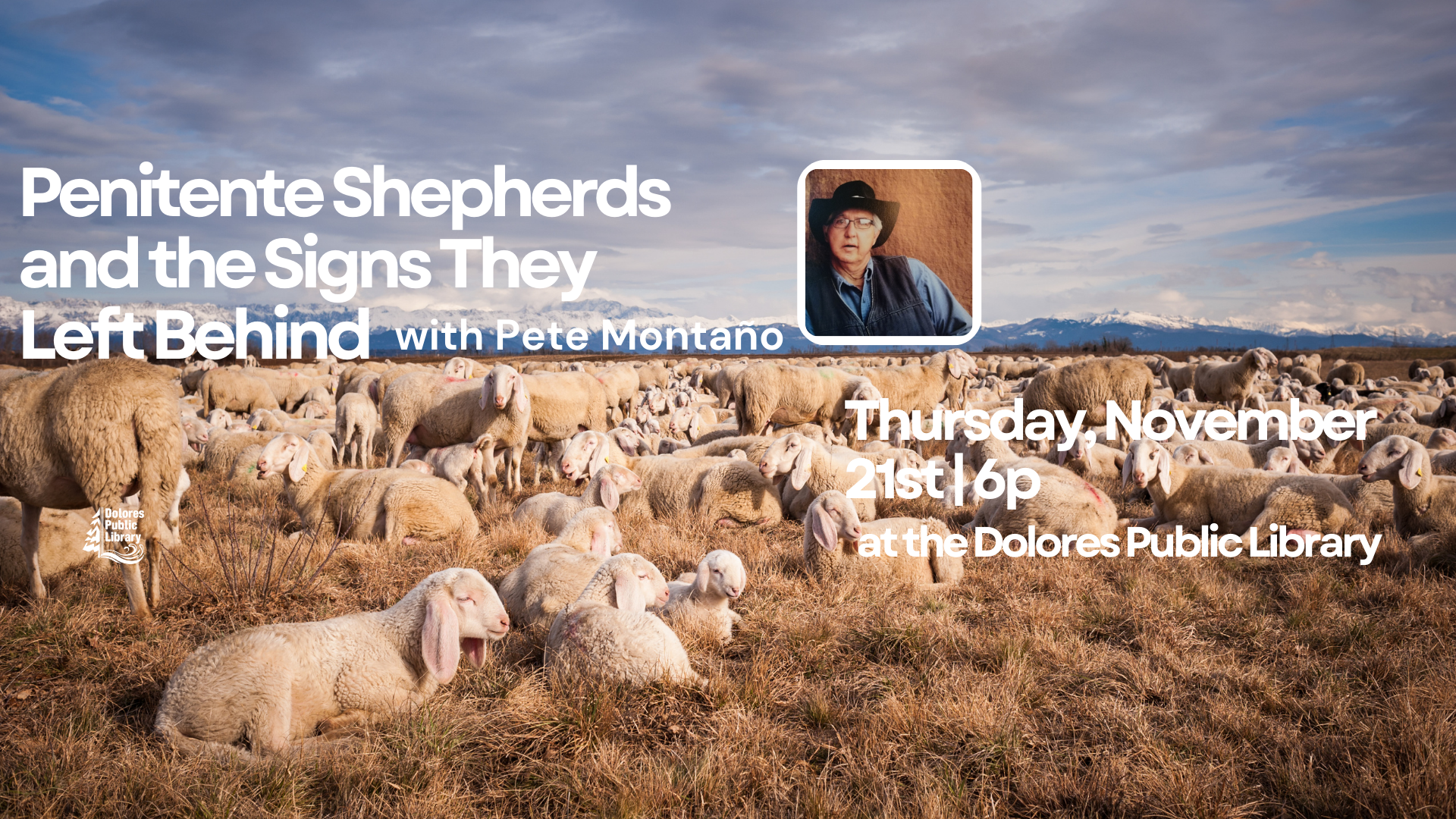A promotional image for an event featuring sheep, a man, and mountains with text about shepherds and signs.