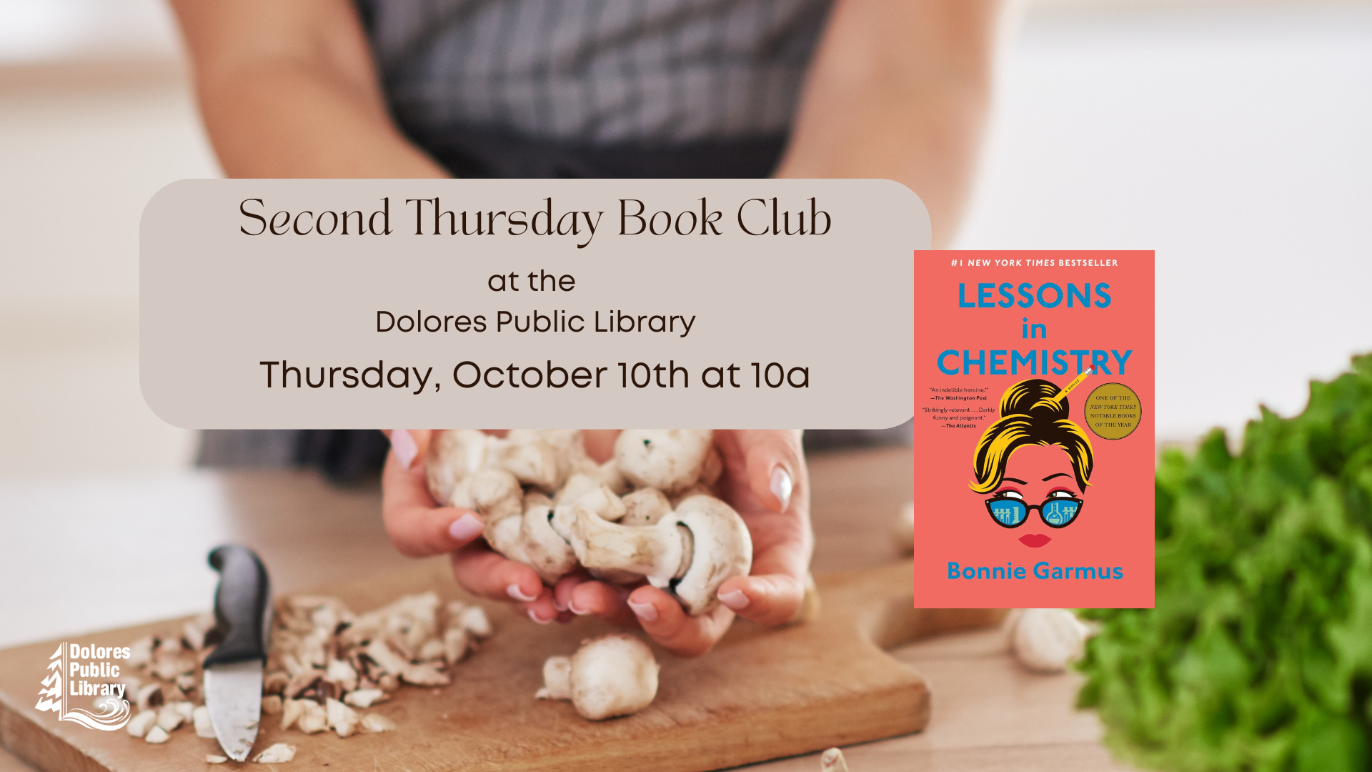 A book club announcement for "Lessons in Chemistry" with an image of hands holding mushrooms and a knife on a board.