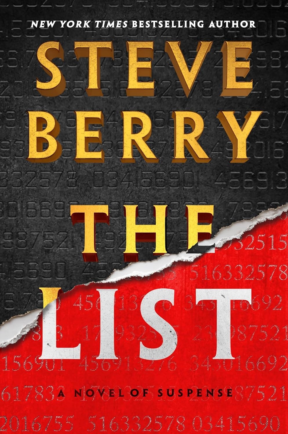 Book cover with "STEVE BERRY THE LIST" in bold text, and a torn paper design with numbers in the background.