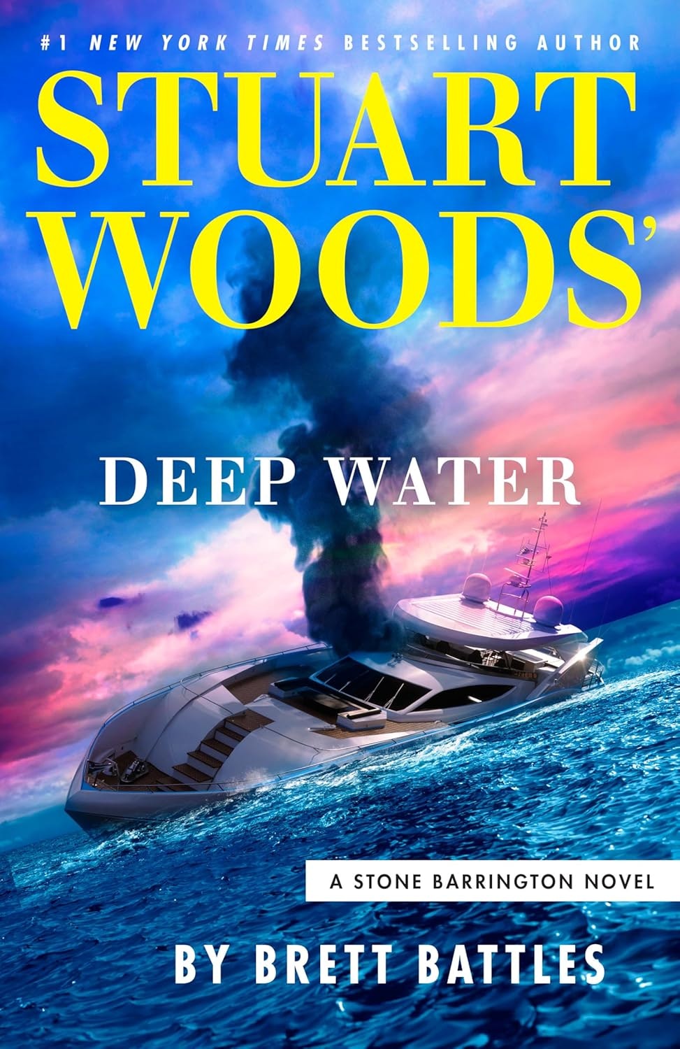 The image features the book cover for "Deep Water" by Stuart Woods, showcasing a luxurious yacht and dramatic ocean scenery.