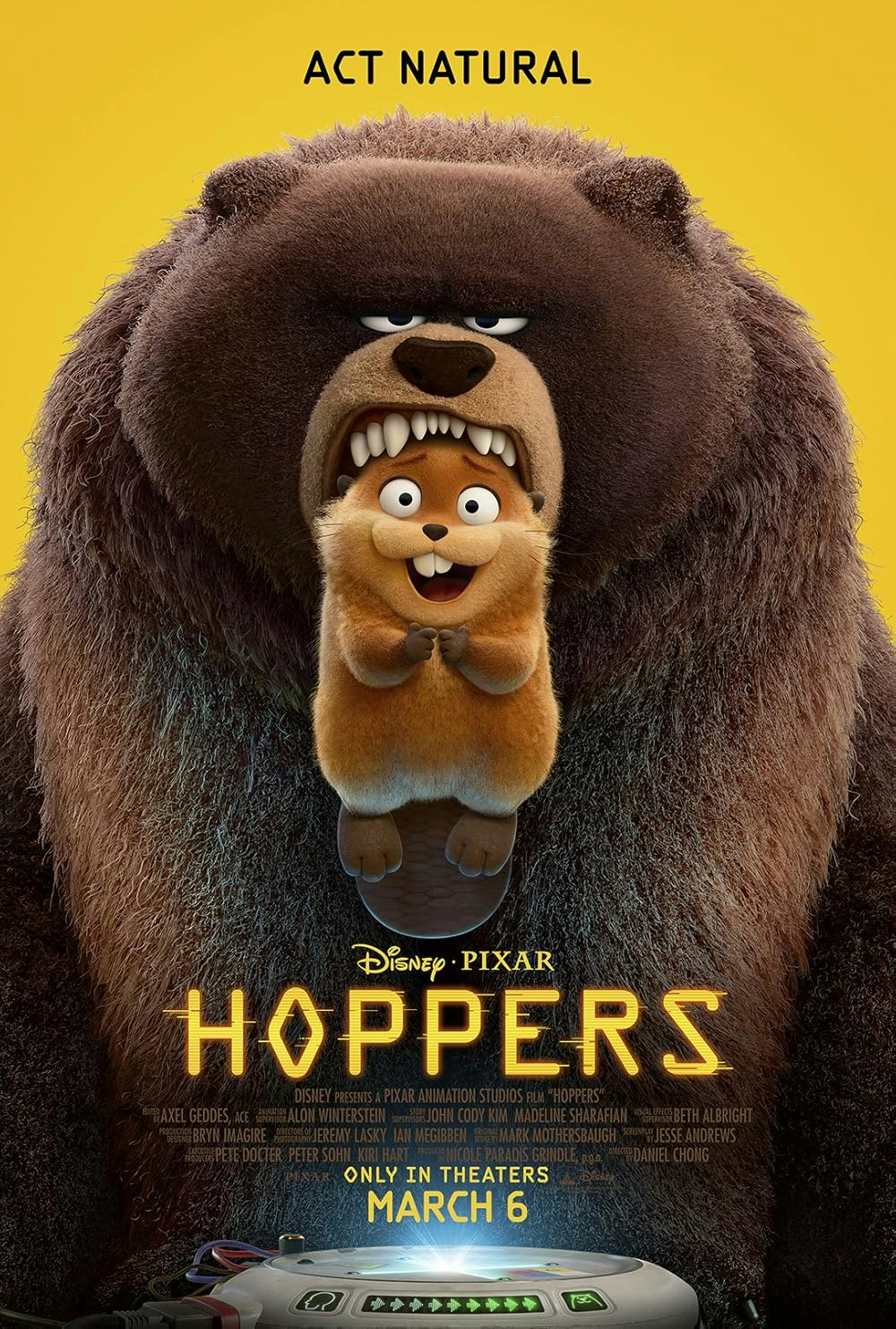 A Pixar movie poster featuring a bear and a small creature with a playful caption, "Act Natural," and release date March 6.