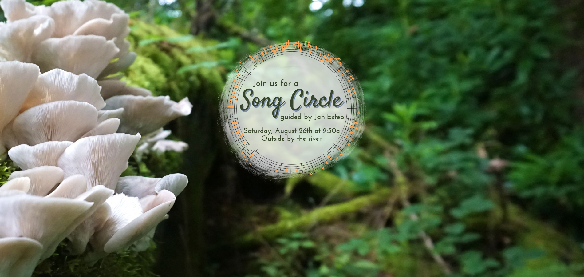 advertisement for song circle with Jan Estep, this is a photograph of oyster mushrooms on the left and forest greenery on the right including moss and ferns, there is a cream circle off centered to the right with green lettering indicating date and time, there are orange musical notes surrounding the circle, the Dolores library logo is in the bottom left hand corner in white