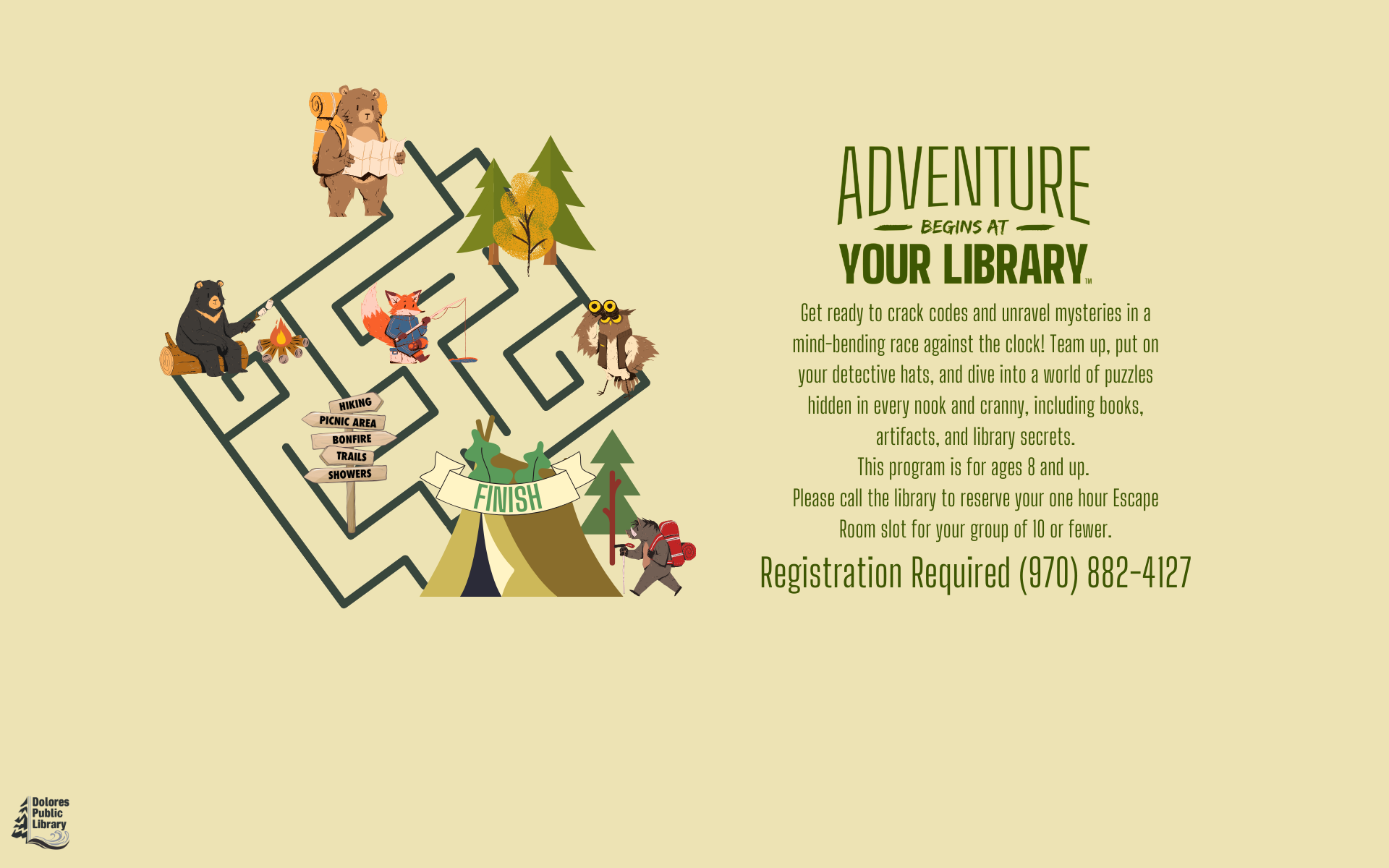 An illustrated library adventure poster with animals, maze, and event details. Registration required.